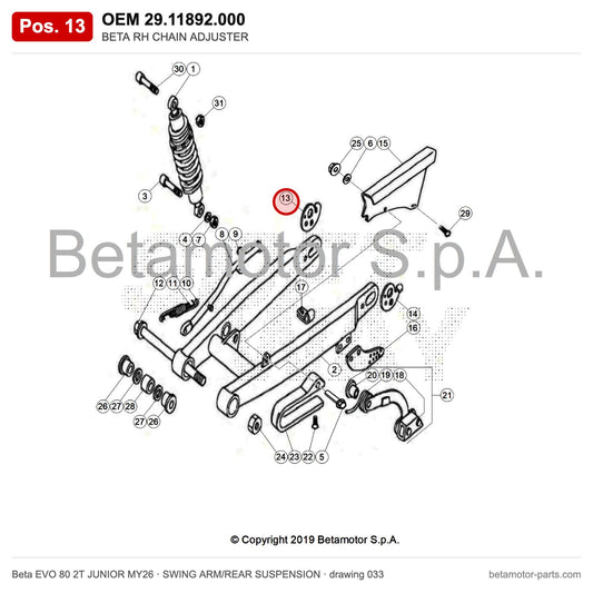 BETA RH CHAIN ADJUSTER – OEM 29.11892.000, position 13 on the Beta EVO 80 2T JUNIOR MY26 swing arm/rear suspension drawing