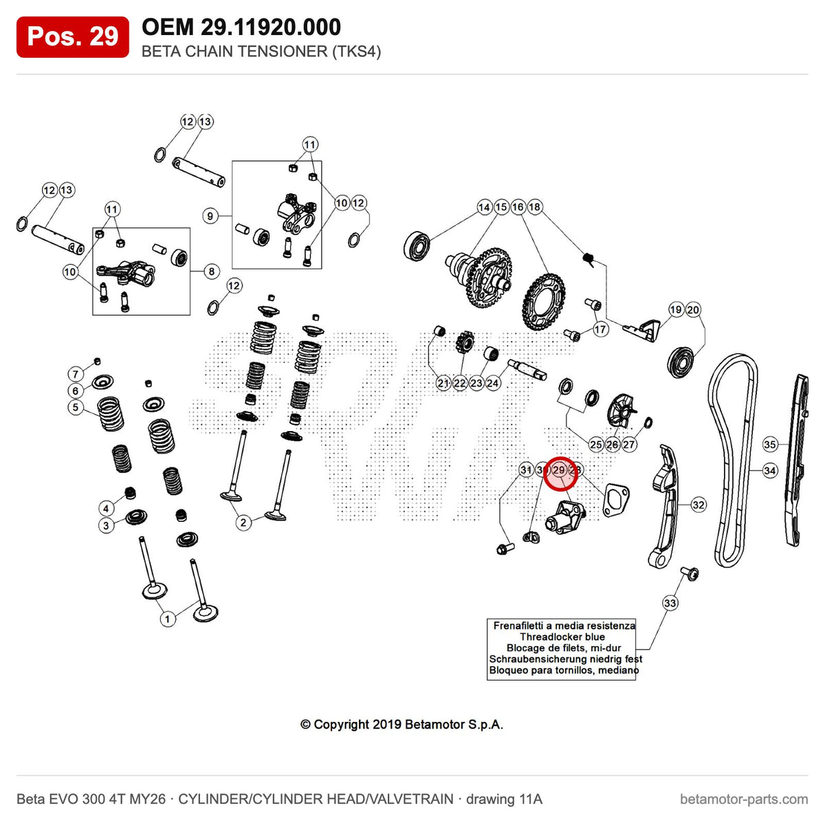 BETA CHAIN TENSIONER (TKS4) – OEM 29.11920.000, position 29 on the Beta EVO 300 4T MY26 cylinder/cylinder head/valvetrain drawing