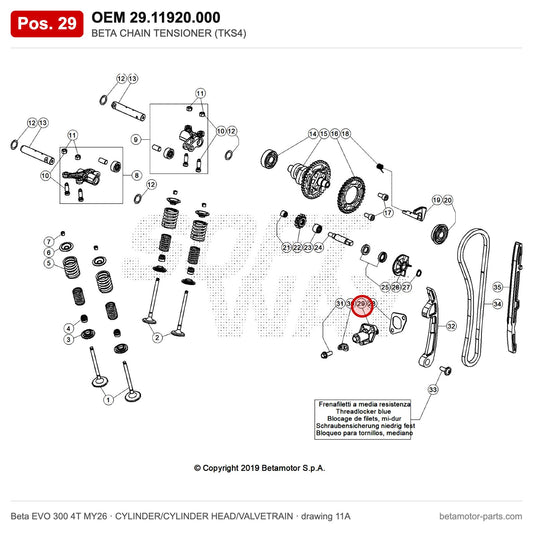 BETA CHAIN TENSIONER (TKS4) – OEM 29.11920.000, position 29 on the Beta EVO 300 4T MY26 cylinder/cylinder head/valvetrain drawing