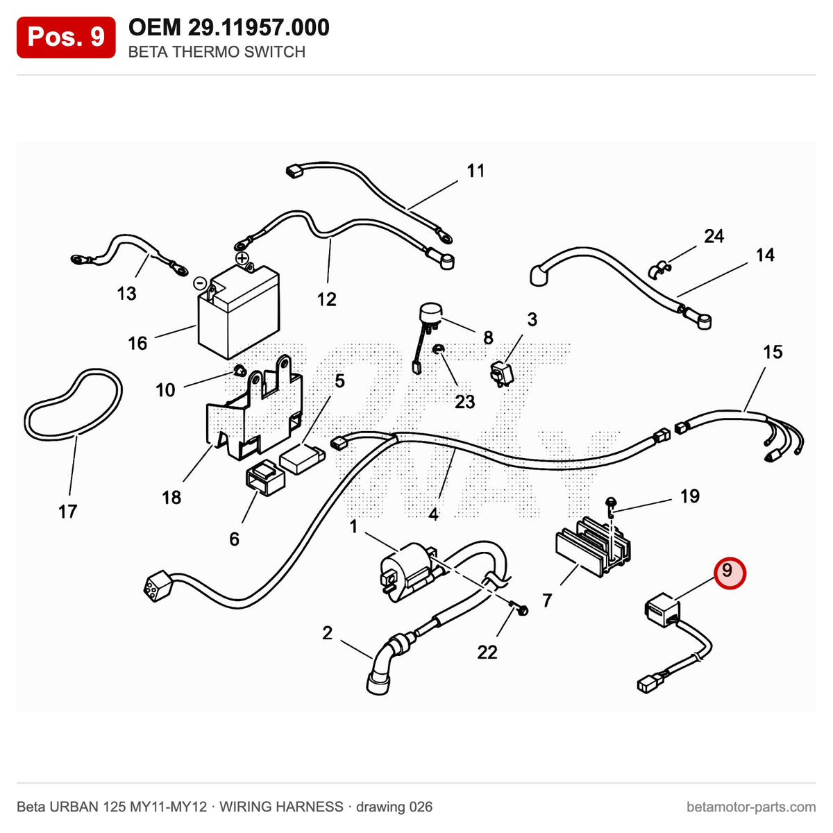 BETA THERMO SWITCH – OEM 29.11957.000, position 9 on the Beta URBAN 125 MY11-MY12 wiring harness drawing
