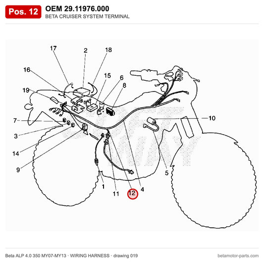 BETA CRUISER SYSTEM TERMINAL – OEM 29.11976.000, shown on the Beta ALP 4.0 350 MY07-MY13 wiring harness drawing
