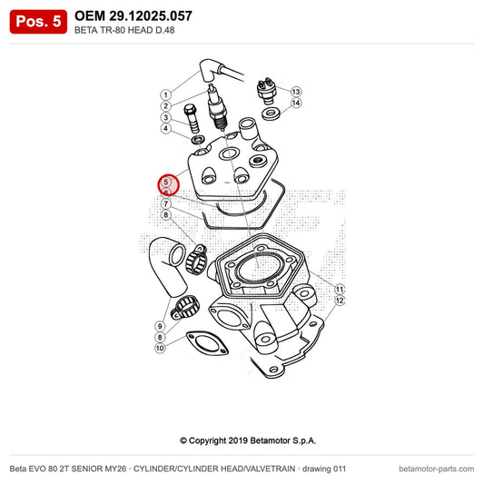 BETA TR-80 HEAD D.48 – OEM 29.12025.057, position 5 on the Beta EVO 80 2T SENIOR MY26 cylinder/cylinder head/valvetrain drawing