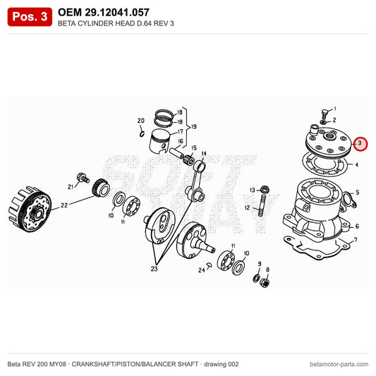BETA CYLINDER HEAD D.64 REV 3 – OEM 29.12041.057, position 3 on the Beta REV 200 MY08 crankshaft/piston/balancer shaft drawing