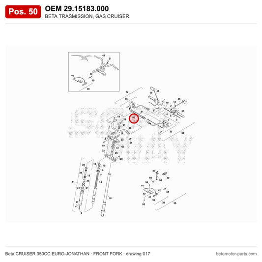 BETA TRASMISSION, GAS CRUISER – OEM 29.15183.000, position 50 on the Beta CRUISER 350CC EURO-JONATHAN front fork drawing