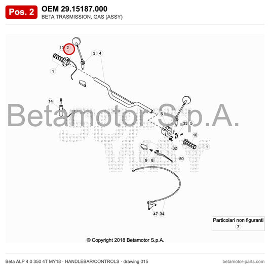 BETA TRASMISSION, GAS (ASSY) – OEM 29.15187.000, position 2 on the Beta ALP 4.0 350 4T MY18 handlebar/controls drawing