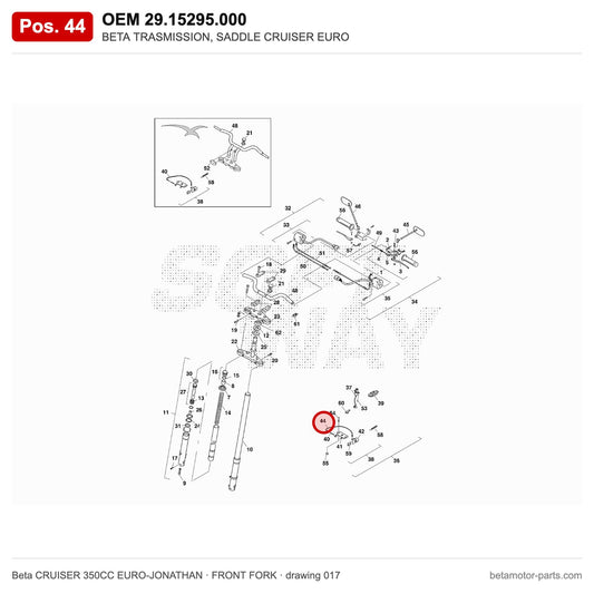 BETA TRASMISSION, SADDLE CRUISER EURO – OEM 29.15295.000, position 44 on the Beta CRUISER 350CC EURO-JONATHAN front fork drawing