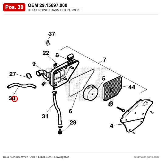 BETA ENGINE TRASMISSION SMOKE – OEM 29.15697.000, position 30 on the Beta ALP 200 MY07 air filter box drawing