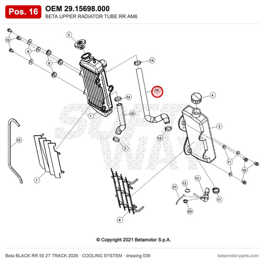 BETA UPPER RADIATOR TUBE RR AM6 – OEM 29.15698.000, position 16 on the Beta BLACK RR 50 2T TRACK 2026 cooling system drawing
