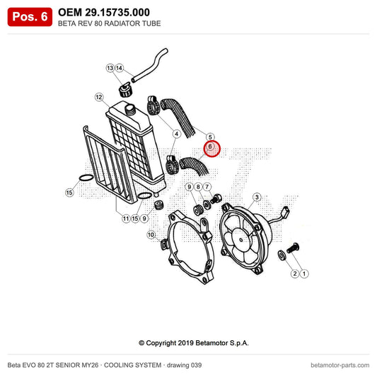 BETA REV 80 RADIATOR TUBE – OEM 29.15735.000, position 6 on the Beta EVO 80 2T SENIOR MY26 cooling system drawing
