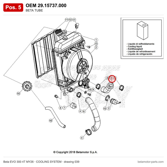 BETA TUBE – OEM 29.15737.000, position 5 on the Beta EVO 300 4T MY26 cooling system drawing