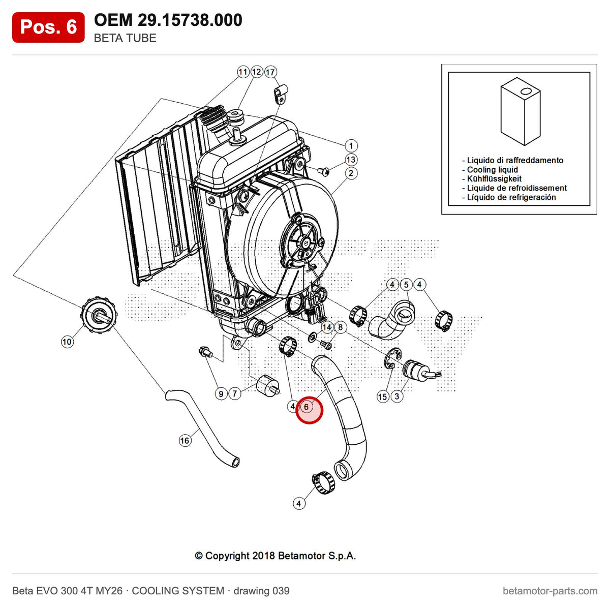 BETA TUBE – OEM 29.15738.000, position 6 on the Beta EVO 300 4T MY26 cooling system drawing