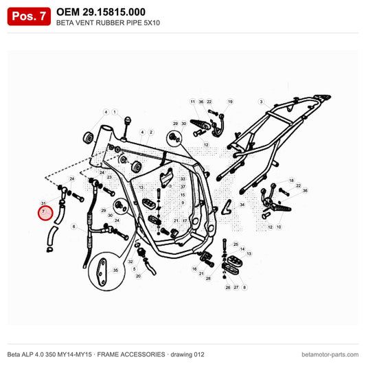 BETA VENT RUBBER PIPE 5X10 – OEM 29.15815.000, position 7 on the Beta ALP 4.0 350 MY14-MY15 frame accessories drawing