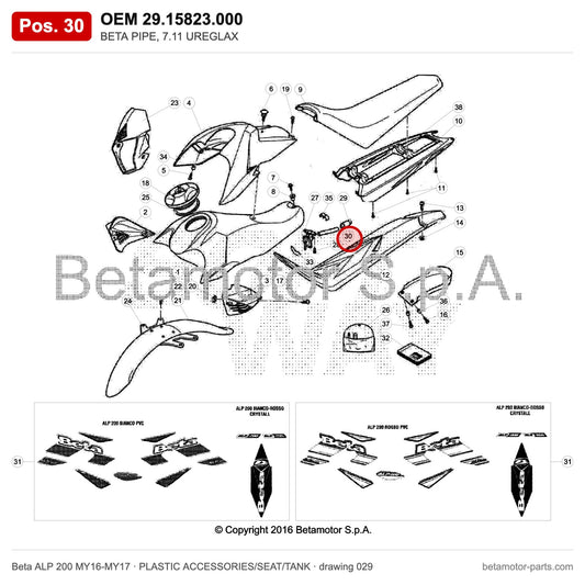 BETA PIPE, 7.11 UREGLAX – OEM 29.15823.000, position 30 on the Beta ALP 200 MY16-MY17 plastic accessories/seat/tank drawing