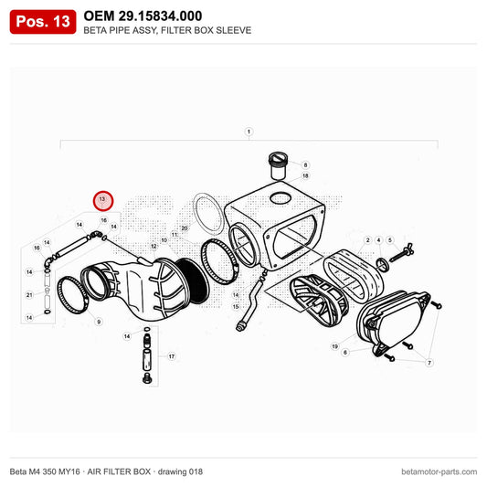 BETA PIPE ASSY, FILTER BOX SLEEVE – OEM 29.15834.000, position 13 on the Beta M4 350 MY16 air filter box drawing