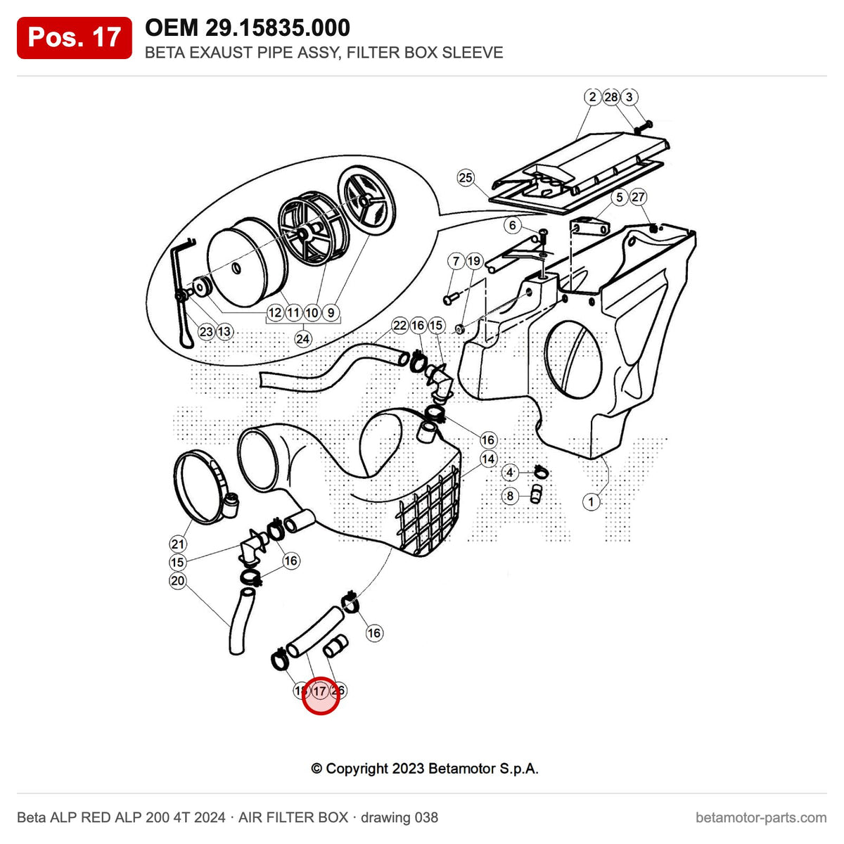 BETA EXAUST PIPE ASSY, FILTER BOX SLEEVE – OEM 29.15835.000, position 17 on the Beta ALP RED ALP 200 4T 2024 air filter box drawing