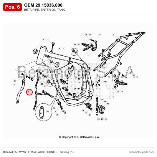 BETA PIPE, ENTER OIL TANK – OEM 29.15836.000, position 6 on the Beta M4 350 MY16 frame accessories drawing