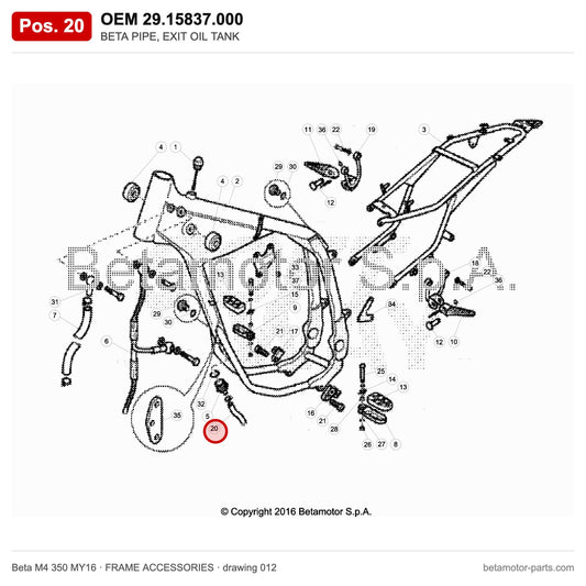 BETA PIPE, EXIT OIL TANK – OEM 29.15837.000, position 20 on the Beta M4 350 MY16 frame accessories drawing