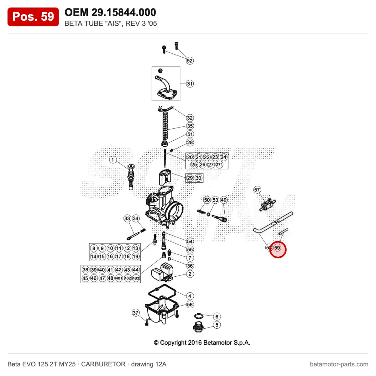 BETA TUBE "AIS", REV 3 '05 – OEM 29.15844.000, position 59 on the Beta EVO 125 2T MY25 carburetor drawing