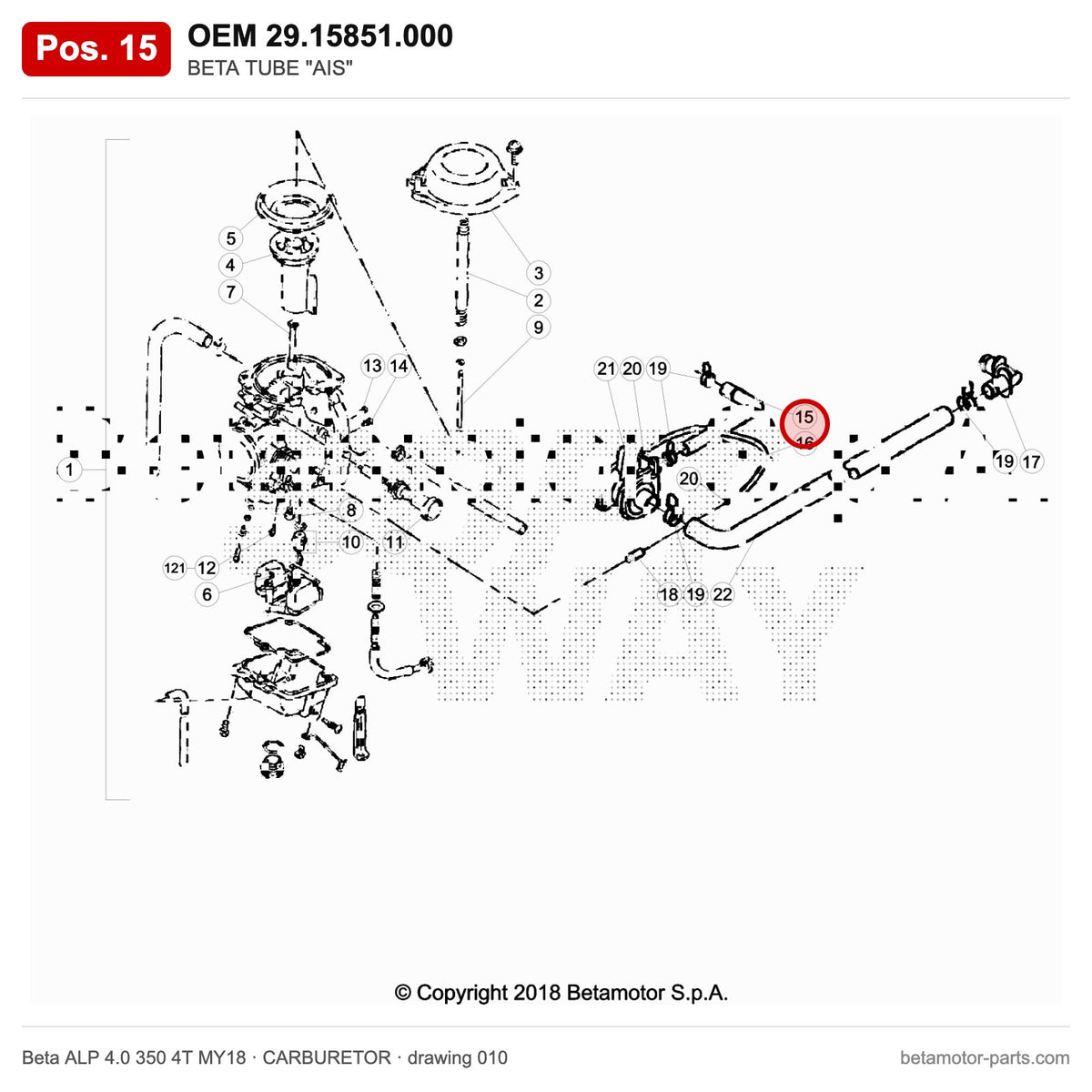 BETA TUBE "AIS" – OEM 29.15851.000, position 15 on the Beta ALP 4.0 350 4T MY18 carburetor drawing