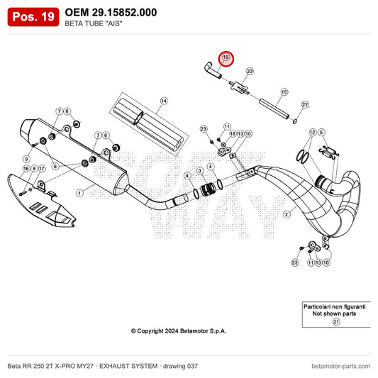 BETA TUBE "AIS" – OEM 29.15852.000, position 19 on the Beta RR 250 2T X-PRO MY27 exhaust system drawing