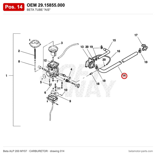 BETA TUBE "AIS" – OEM 29.15855.000, shown on the Beta ALP 200 MY07 carburetor drawing