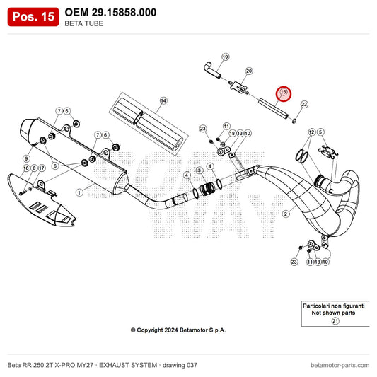 BETA TUBE – OEM 29.15858.000, position 15 on the Beta RR 250 2T X-PRO MY27 exhaust system drawing