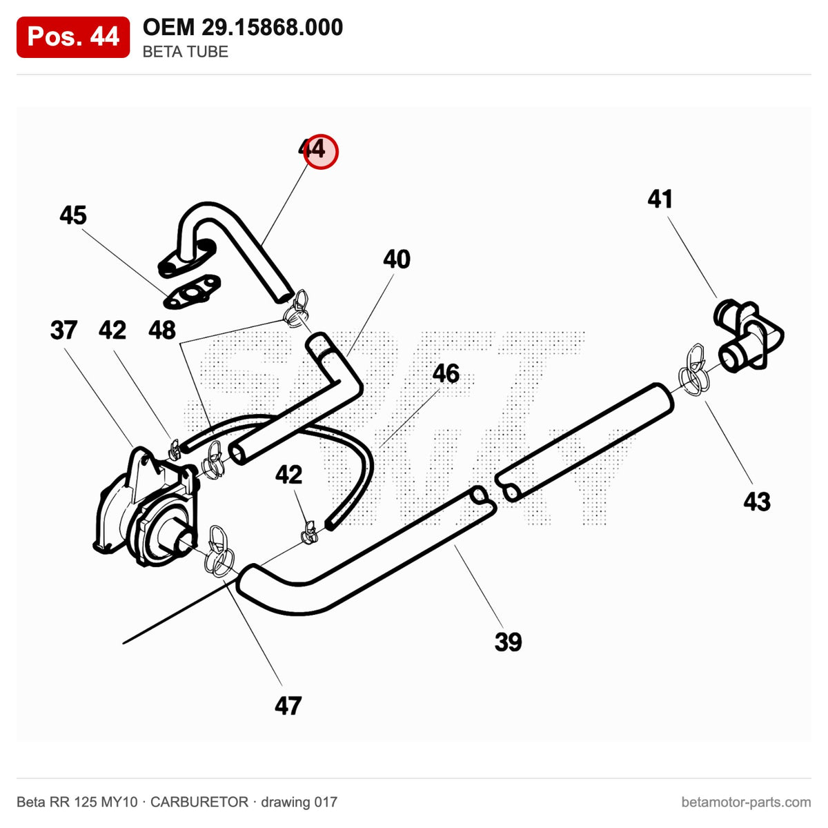 BETA TUBE – OEM 29.15868.000, position 44 on the Beta RR 125 MY10 carburetor drawing