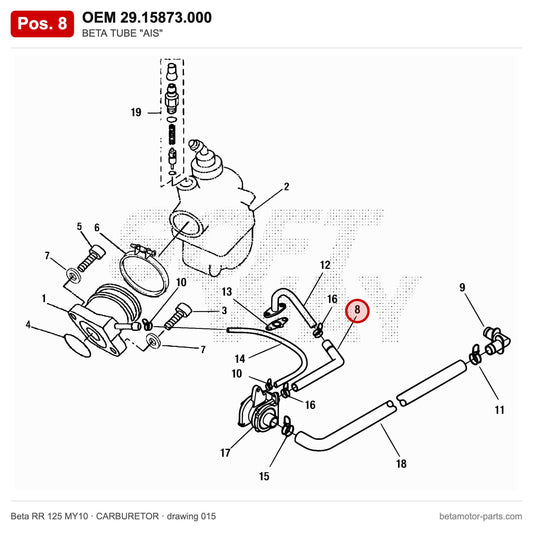 BETA TUBE "AIS" – OEM 29.15873.000, position 8 on the Beta RR 125 MY10 carburetor drawing