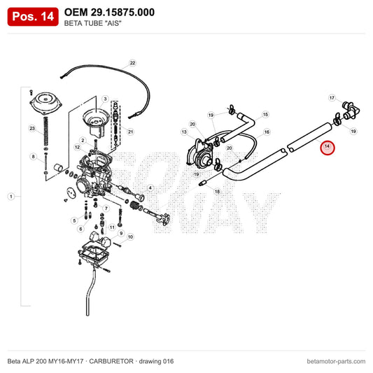 BETA TUBE "AIS" – OEM 29.15875.000, position 14 on the Beta ALP 200 MY16-MY17 carburetor drawing