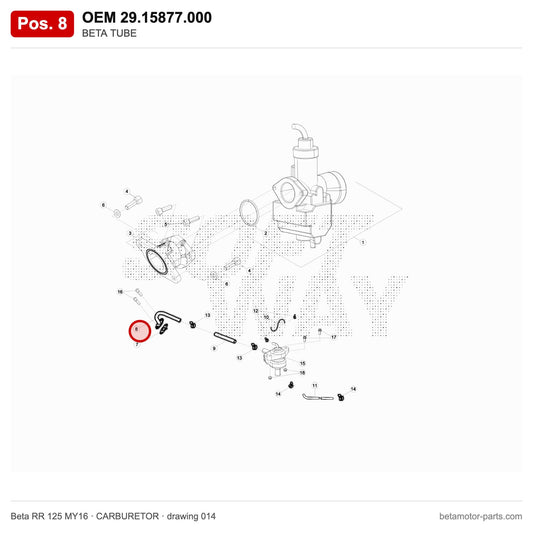 BETA TUBE – OEM 29.15877.000, position 8 on the Beta RR 125 MY16 carburetor drawing