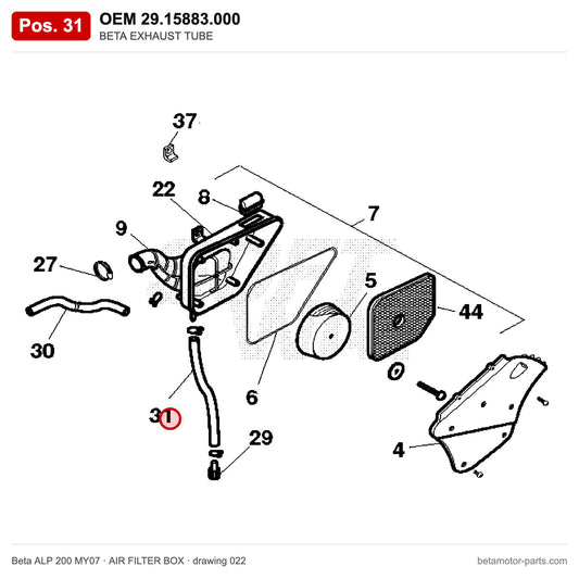 BETA EXHAUST TUBE – OEM 29.15883.000, position 31 on the Beta ALP 200 MY07 air filter box drawing