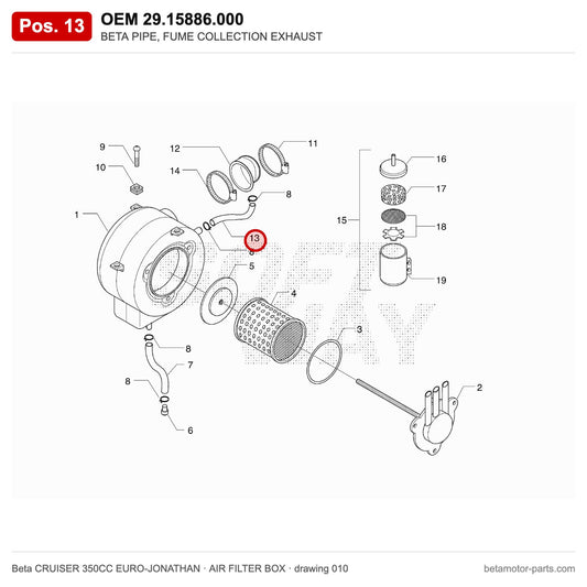 BETA PIPE, FUME COLLECTION EXHAUST – OEM 29.15886.000, position 13 on the Beta CRUISER 350CC EURO-JONATHAN air filter box drawing
