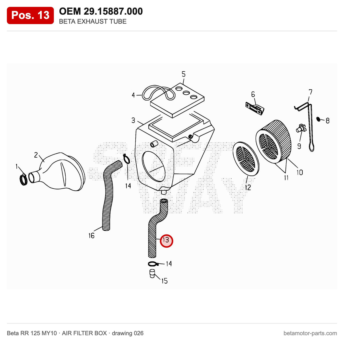 BETA EXHAUST TUBE – OEM 29.15887.000, position 13 on the Beta RR 125 MY10 air filter box drawing