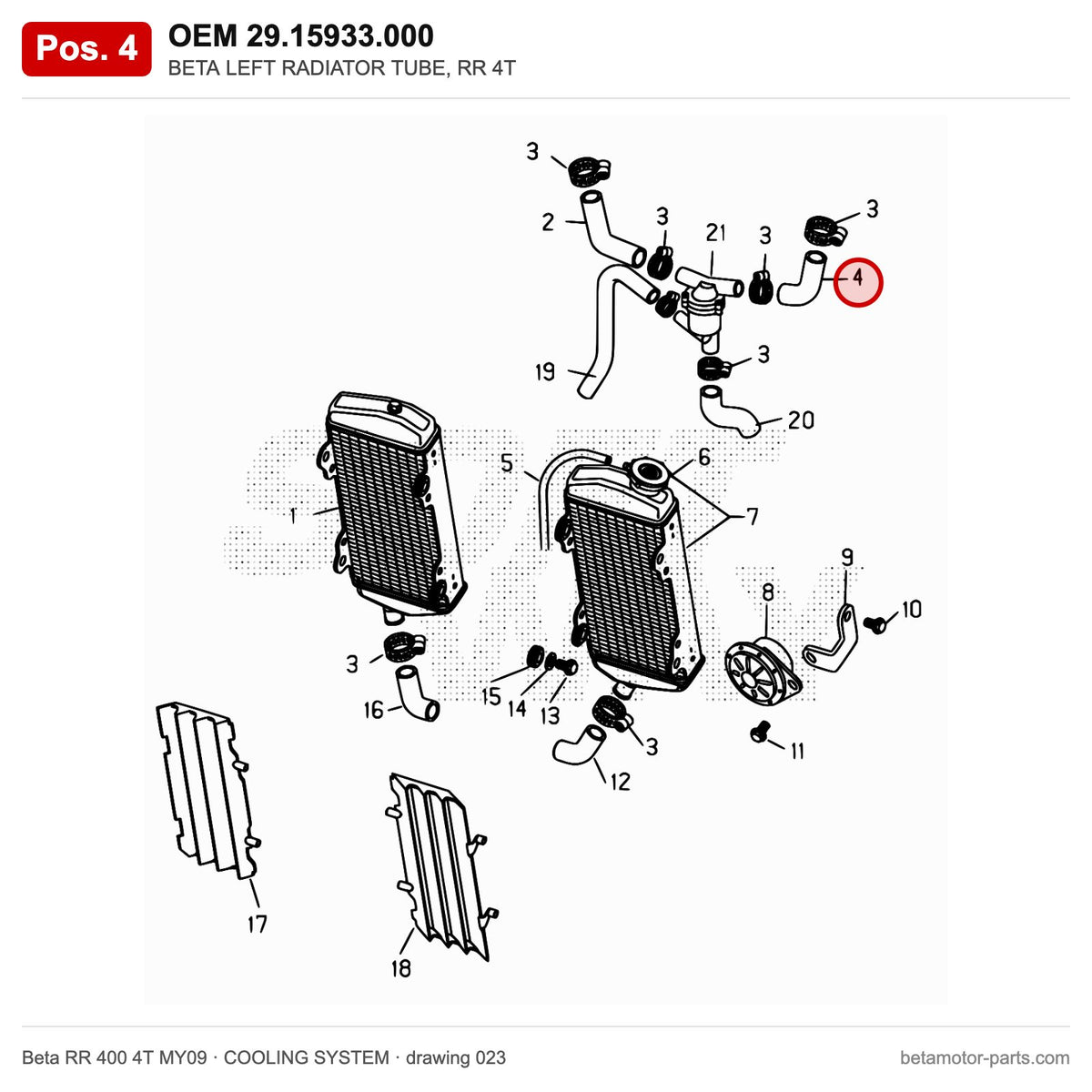 BETA LEFT RADIATOR TUBE, RR 4T – OEM 29.15933.000, position 4 on the Beta RR 400 4T MY09 cooling system drawing