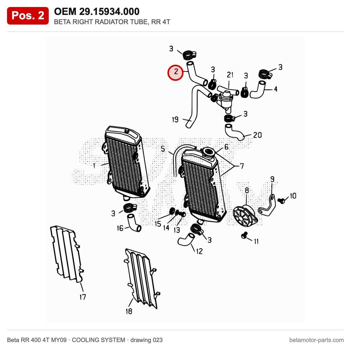BETA RIGHT RADIATOR TUBE, RR 4T – OEM 29.15934.000, position 2 on the Beta RR 400 4T MY09 cooling system drawing