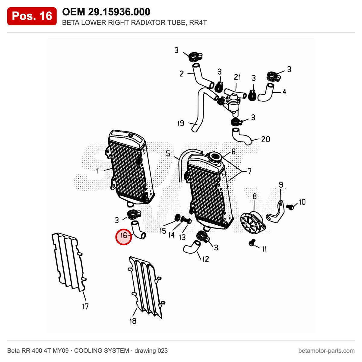 BETA LOWER RIGHT RADIATOR TUBE, RR4T – OEM 29.15936.000, position 16 on the Beta RR 400 4T MY09 cooling system drawing