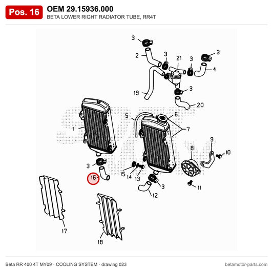 BETA LOWER RIGHT RADIATOR TUBE, RR4T – OEM 29.15936.000, position 16 on the Beta RR 400 4T MY09 cooling system drawing