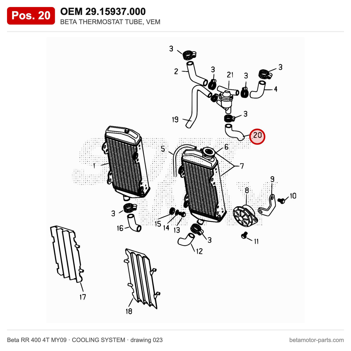 BETA THERMOSTAT TUBE, VEM – OEM 29.15937.000, position 20 on the Beta RR 400 4T MY09 cooling system drawing