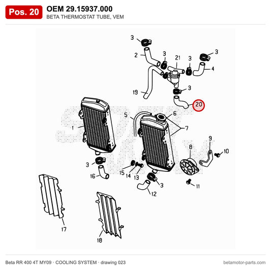 BETA THERMOSTAT TUBE, VEM – OEM 29.15937.000, position 20 on the Beta RR 400 4T MY09 cooling system drawing