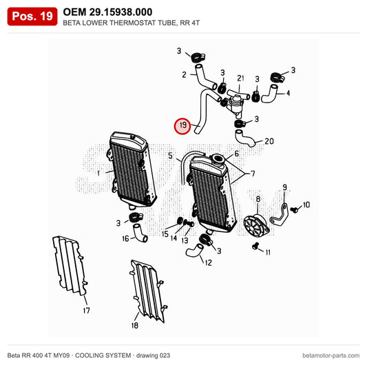 BETA LOWER THERMOSTAT TUBE, RR 4T – OEM 29.15938.000, position 19 on the Beta RR 400 4T MY09 cooling system drawing