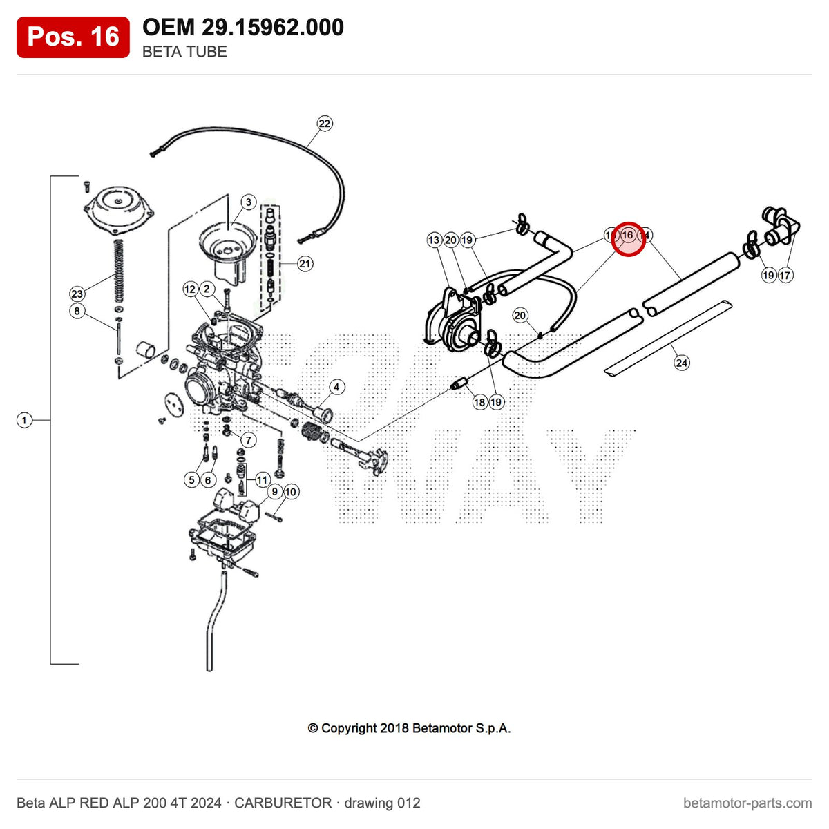 BETA TUBE – OEM 29.15962.000, position 16 on the Beta ALP RED ALP 200 4T 2024 carburetor drawing
