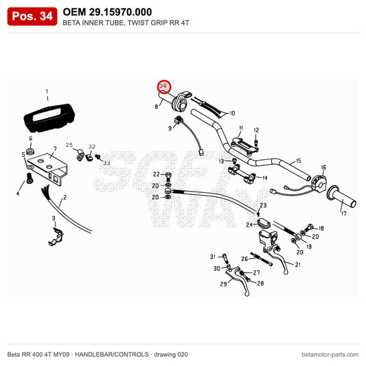 BETA INNER TUBE, TWIST GRIP RR 4T – OEM 29.15970.000, position 34 on the Beta RR 400 4T MY09 handlebar/controls drawing
