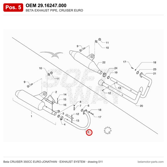 BETA EXHAUST PIPE, CRUISER EURO – OEM 29.16247.000, position 5 on the Beta CRUISER 350CC EURO-JONATHAN exhaust system drawing
