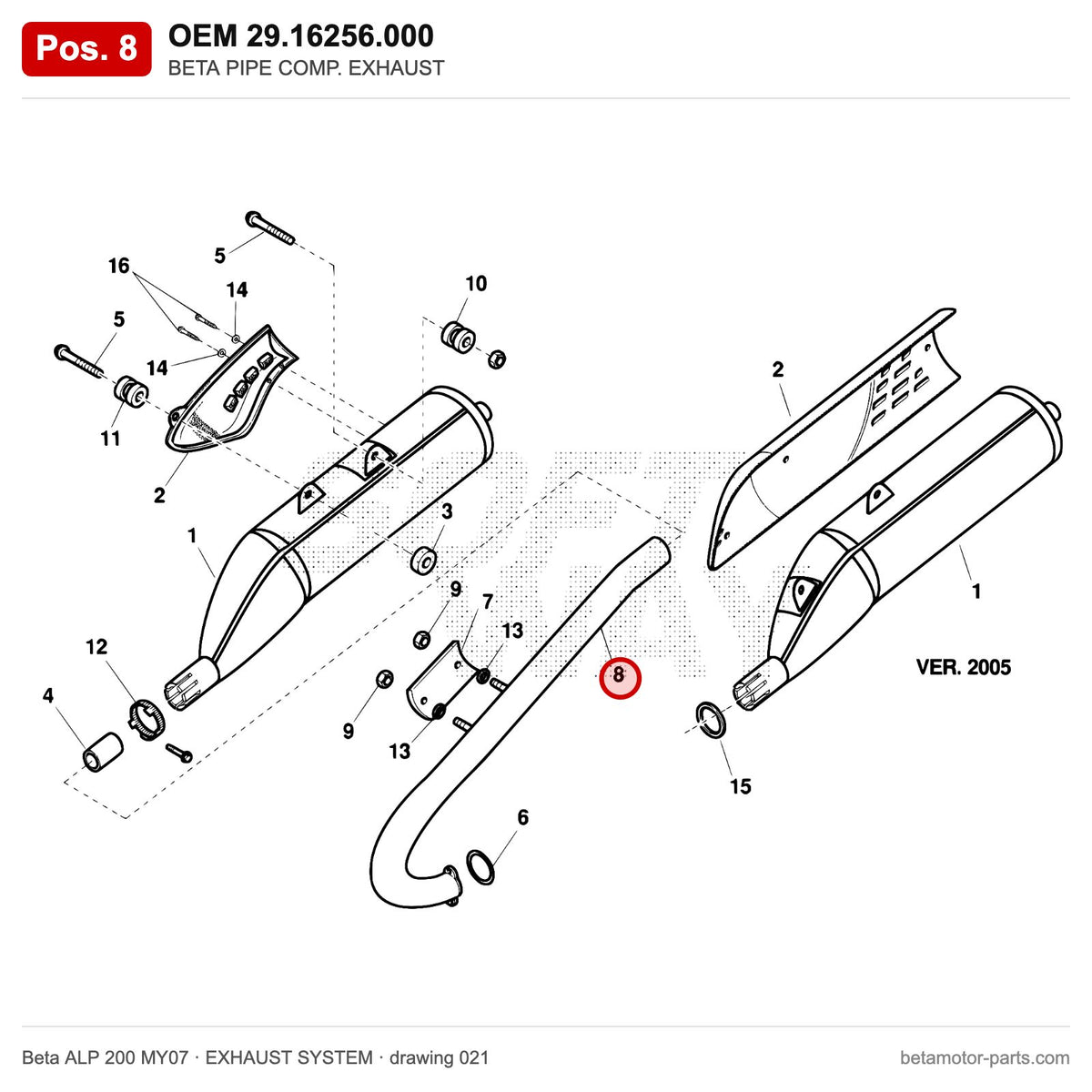 BETA PIPE COMP. EXHAUST – OEM 29.16256.000, position 8 on the Beta ALP 200 MY07 exhaust system drawing