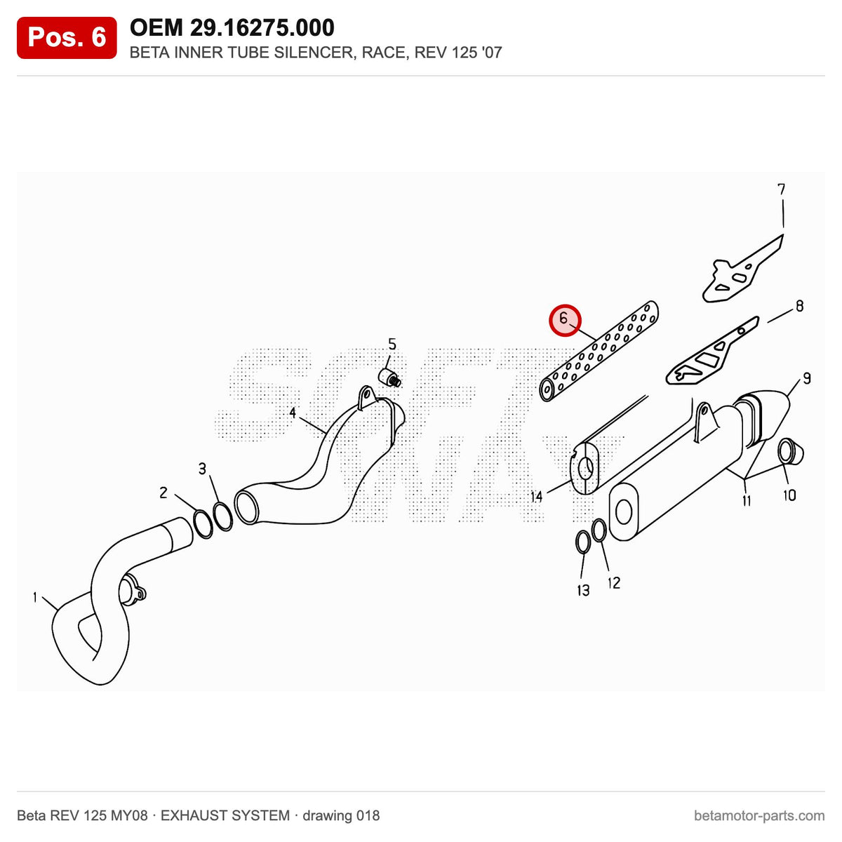 BETA INNER TUBE SILENCER, RACE, REV 125 '07 – OEM 29.16275.000, position 6 on the Beta REV 125 MY08 exhaust system drawing