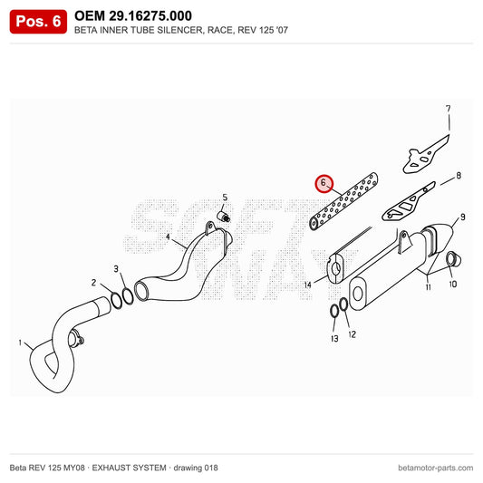 BETA INNER TUBE SILENCER, RACE, REV 125 '07 – OEM 29.16275.000, position 6 on the Beta REV 125 MY08 exhaust system drawing
