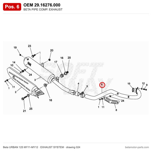 BETA PIPE COMP. EXHAUST – OEM 29.16276.000, position 6 on the Beta URBAN 125 MY11-MY12 exhaust system drawing
