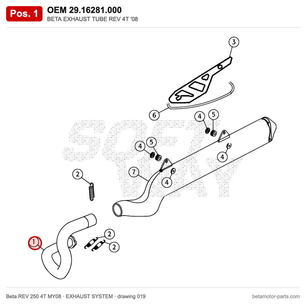 BETA EXHAUST TUBE REV 4T '08 – OEM 29.16281.000, position 1 on the Beta REV 250 4T MY08 exhaust system drawing
