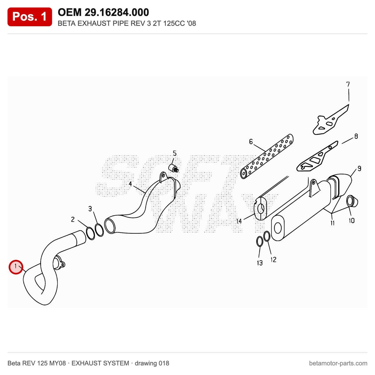 BETA EXHAUST PIPE REV 3 2T 125CC '08 – OEM 29.16284.000, position 1 on the Beta REV 125 MY08 exhaust system drawing