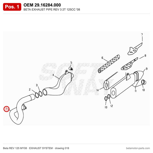BETA EXHAUST PIPE REV 3 2T 125CC '08 – OEM 29.16284.000, position 1 on the Beta REV 125 MY08 exhaust system drawing